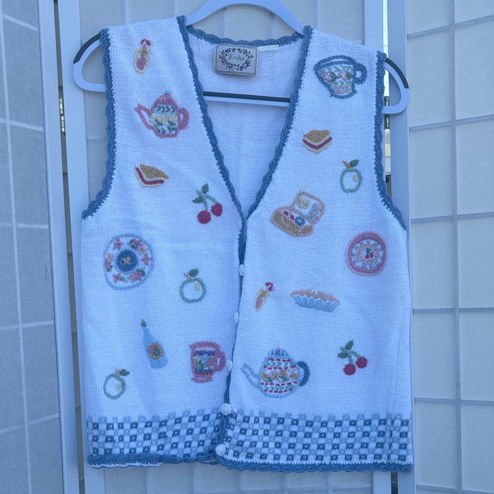 Erika White Knit Vest with Tea Time Embroidered Details - Picture 2 of 12